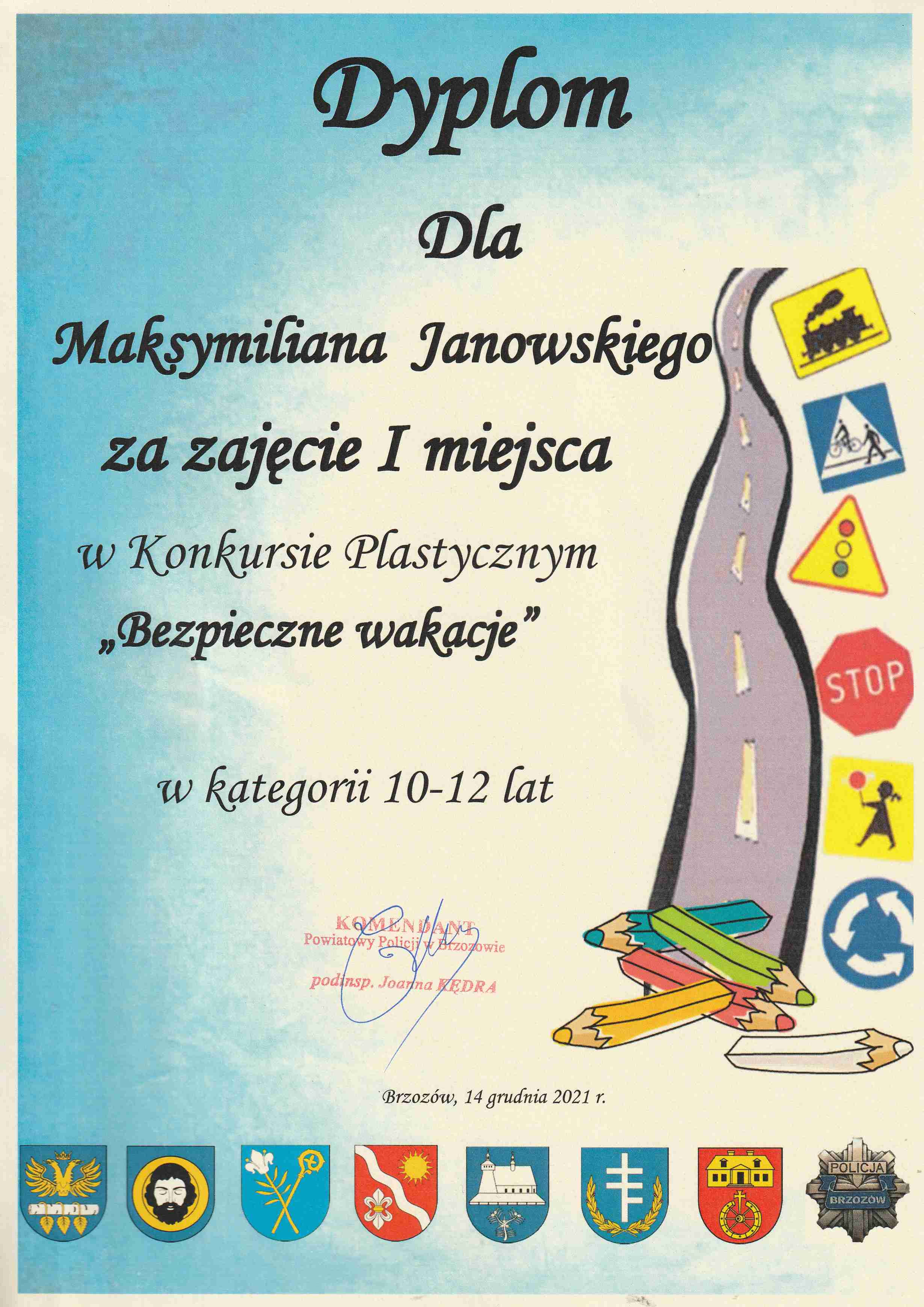 Maksymilian Janowski laureatem powiatowego konkursu plastycznego "Bezpieczne wakacje".