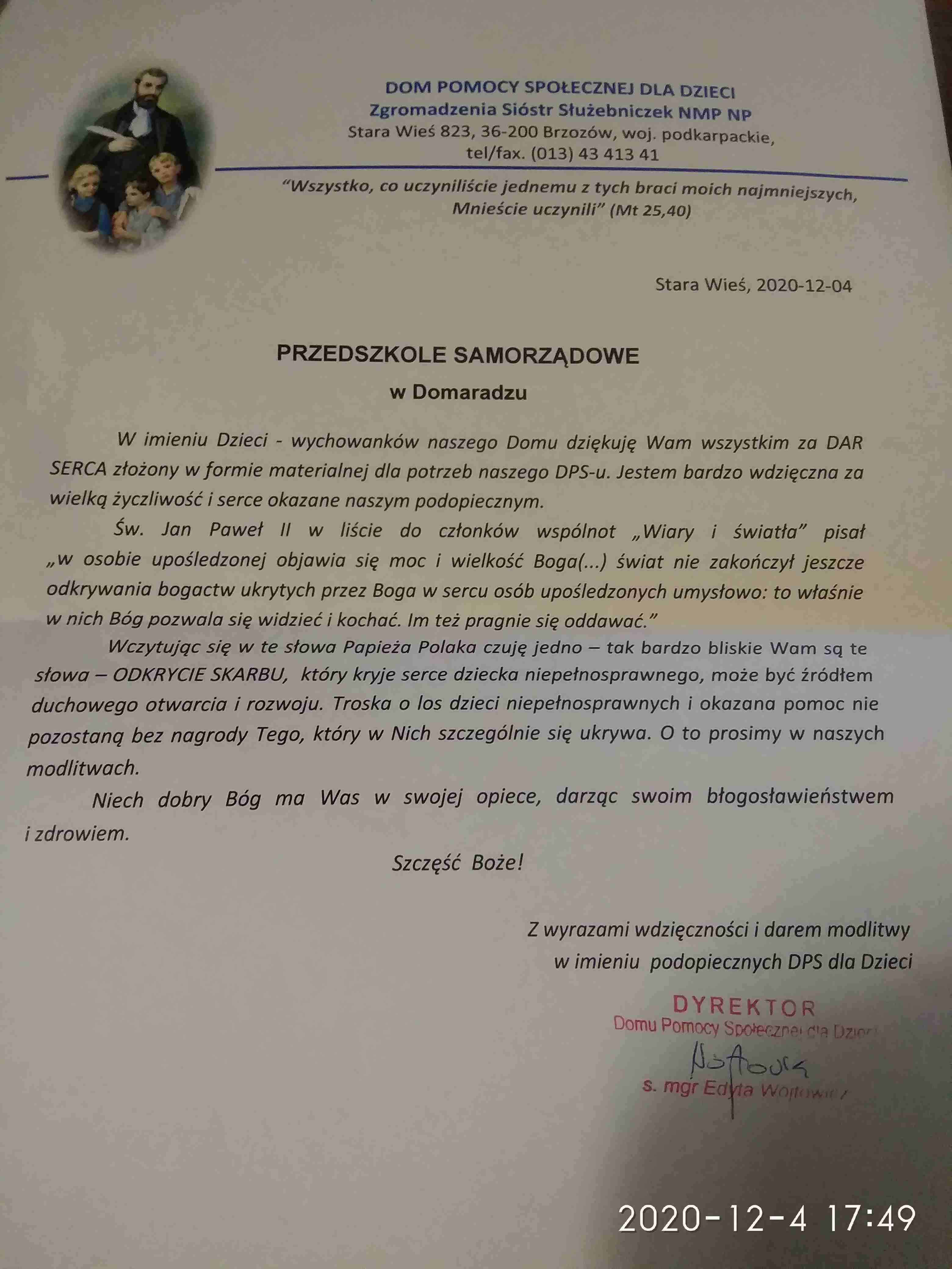 PODZIĘKOWANIE - DPS STARA WIEŚ